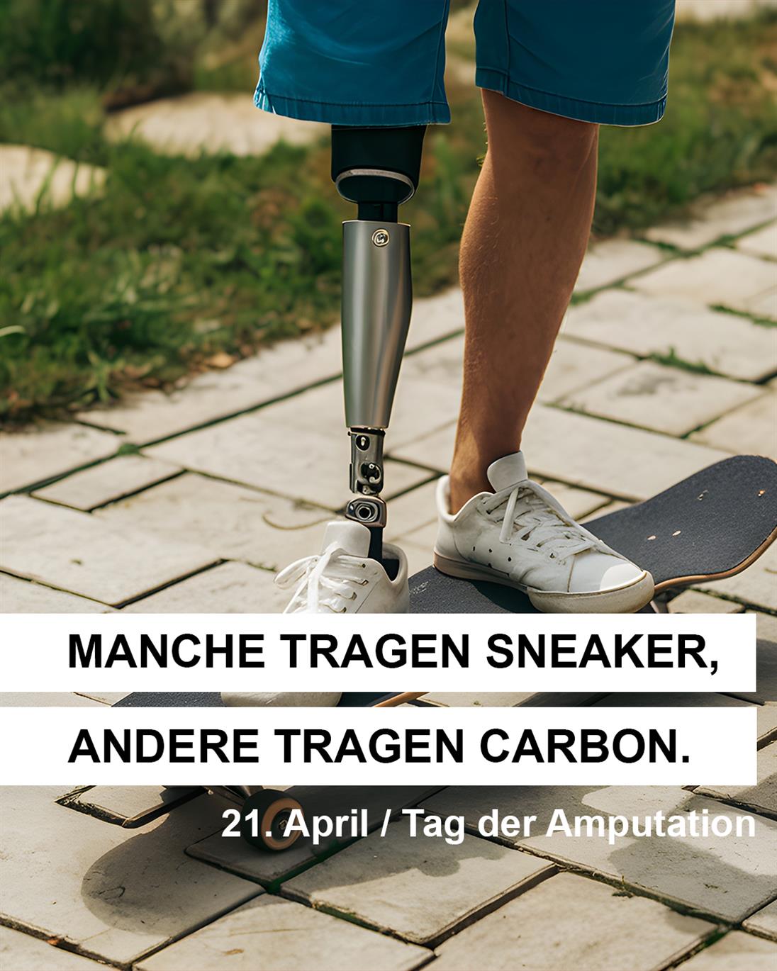 Im Hintergrund wird eine Person abgebildet, welche draußen auf einem gepflasterten Weg auf einem Skateboard steht. Sie trägt weiße Sneaker - ein Bein ist eine moderne Unterschenkelprothese aus Carbon. Oben links in der Ecke steht in weißer Schrift das HSD Logo sowie “Arbeitsstelle Barrierefreies Studium” und “Antidiskriminierungsbeauftragte”. Im unteren Teil des Bildes steht in schwarzer Schrift in weiße Balken “Manche tragen Sneaker, andere tragen Carbon.” Darunter steht in weißer Schrift “21. April / Tag der Amputation.” 